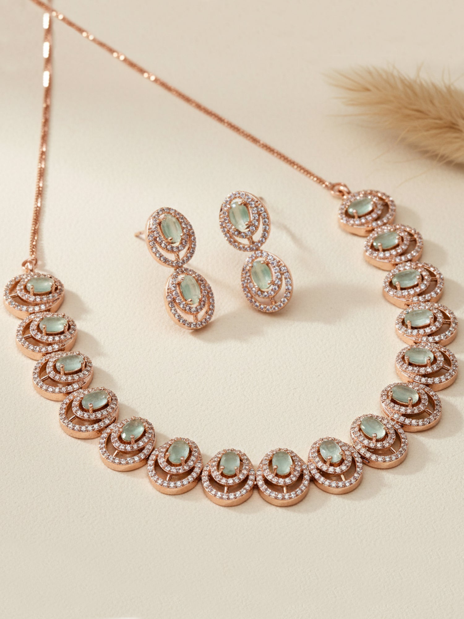 Karatcart Rose Gold Plated Light Green Floral CZ Stone Studded Jewellery Set