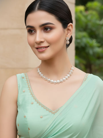 Karatcart Rose Gold Plated Light Green Floral CZ Stone Studded Jewellery Set