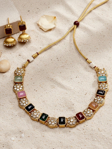 Karatcart Antique Gold Plated Multicolor Stones Studded Floral Design Necklace Set