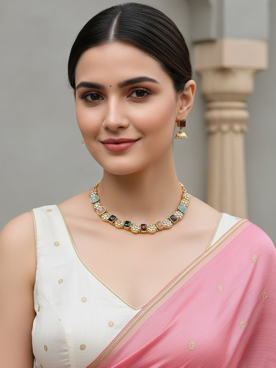 Karatcart Antique Gold Plated Multicolor Stones Studded Floral Design Necklace Set