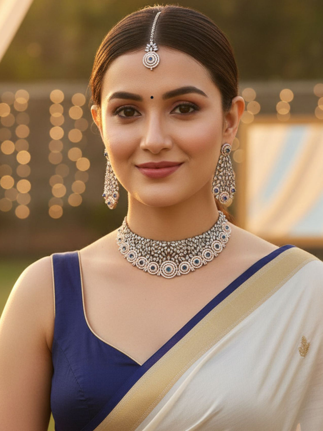 Karatcart Rose Gold Plated Blue Cubic Zirconia Studded Choker Necklace Set for Women