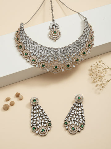 Karatcart Rose Gold Plated Green Cubic Zirconia Studded Choker Necklace Set for Women