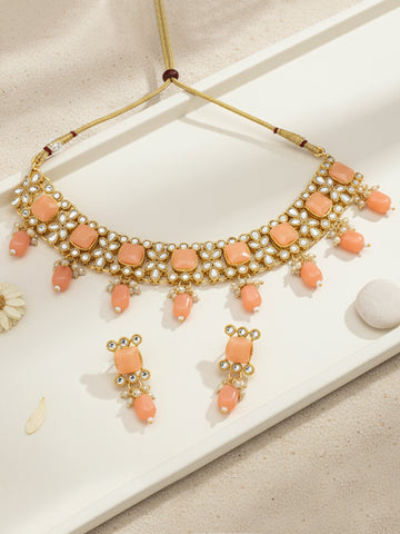 Karatcart Gold Plated Peach Tumble Kundan Necklace Set
