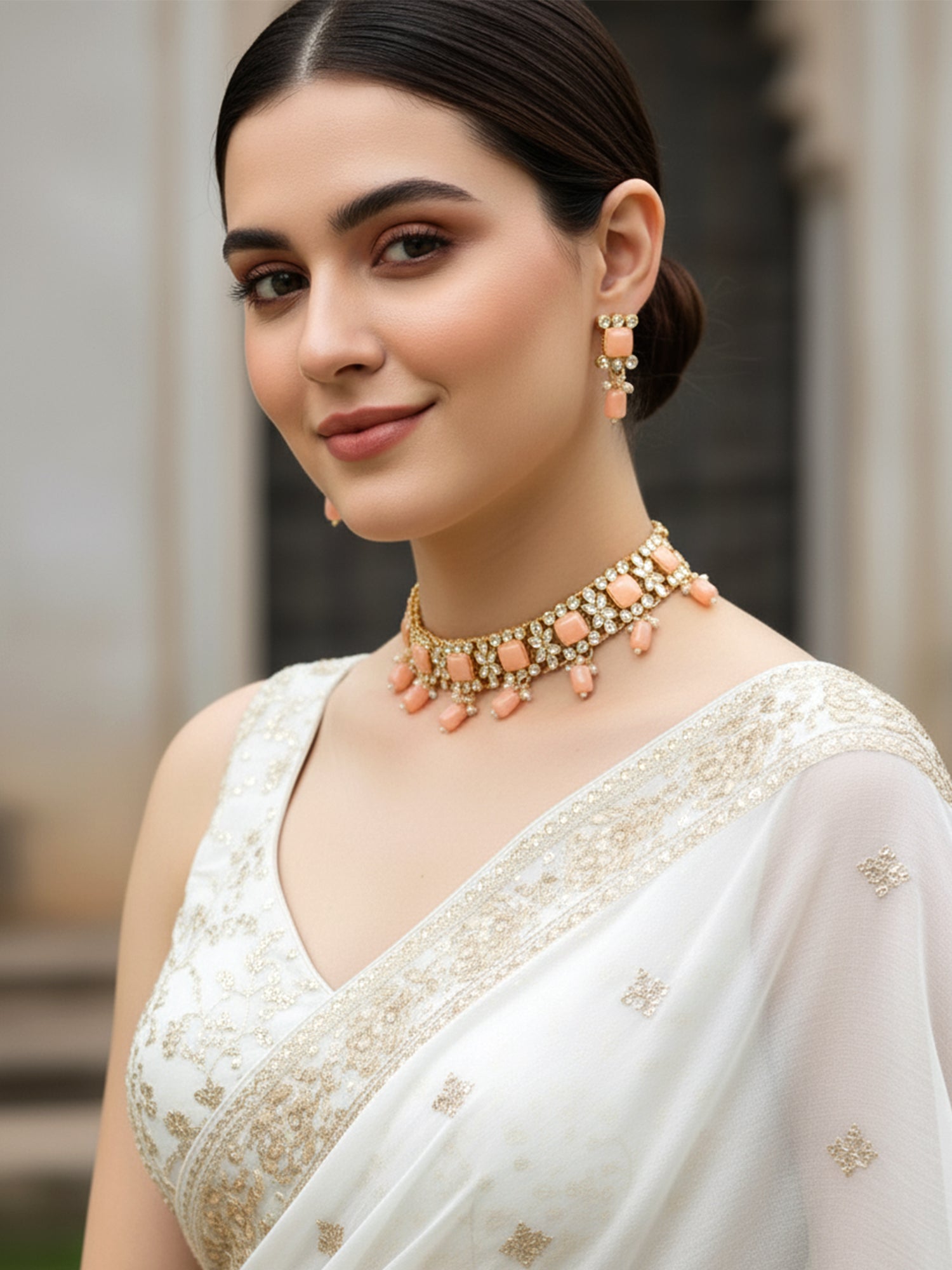 Karatcart Gold Plated Peach Tumble Kundan Necklace Set
