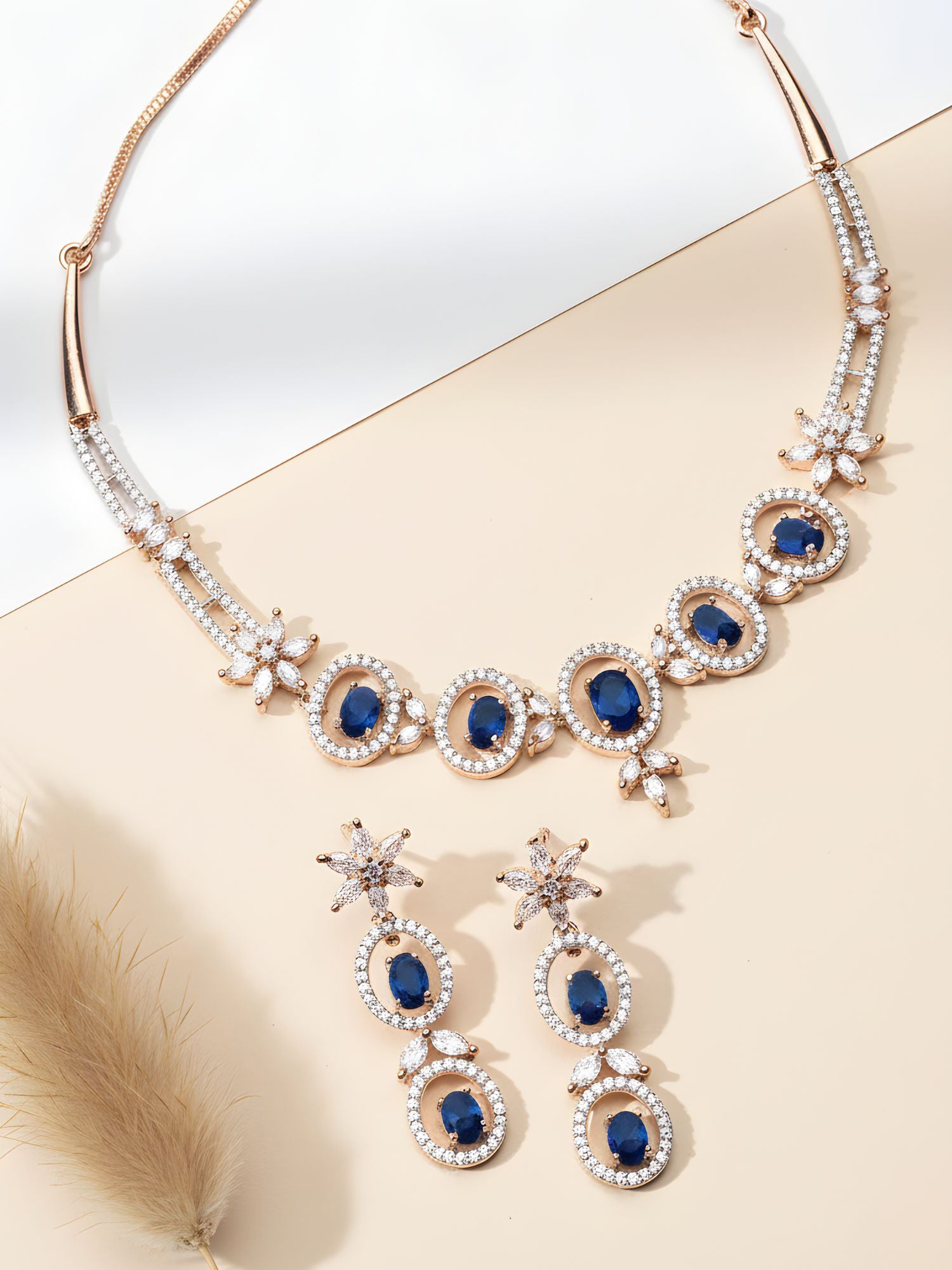 Karatcart Rose Gold Plated Blue CZ Studded Necklace Set