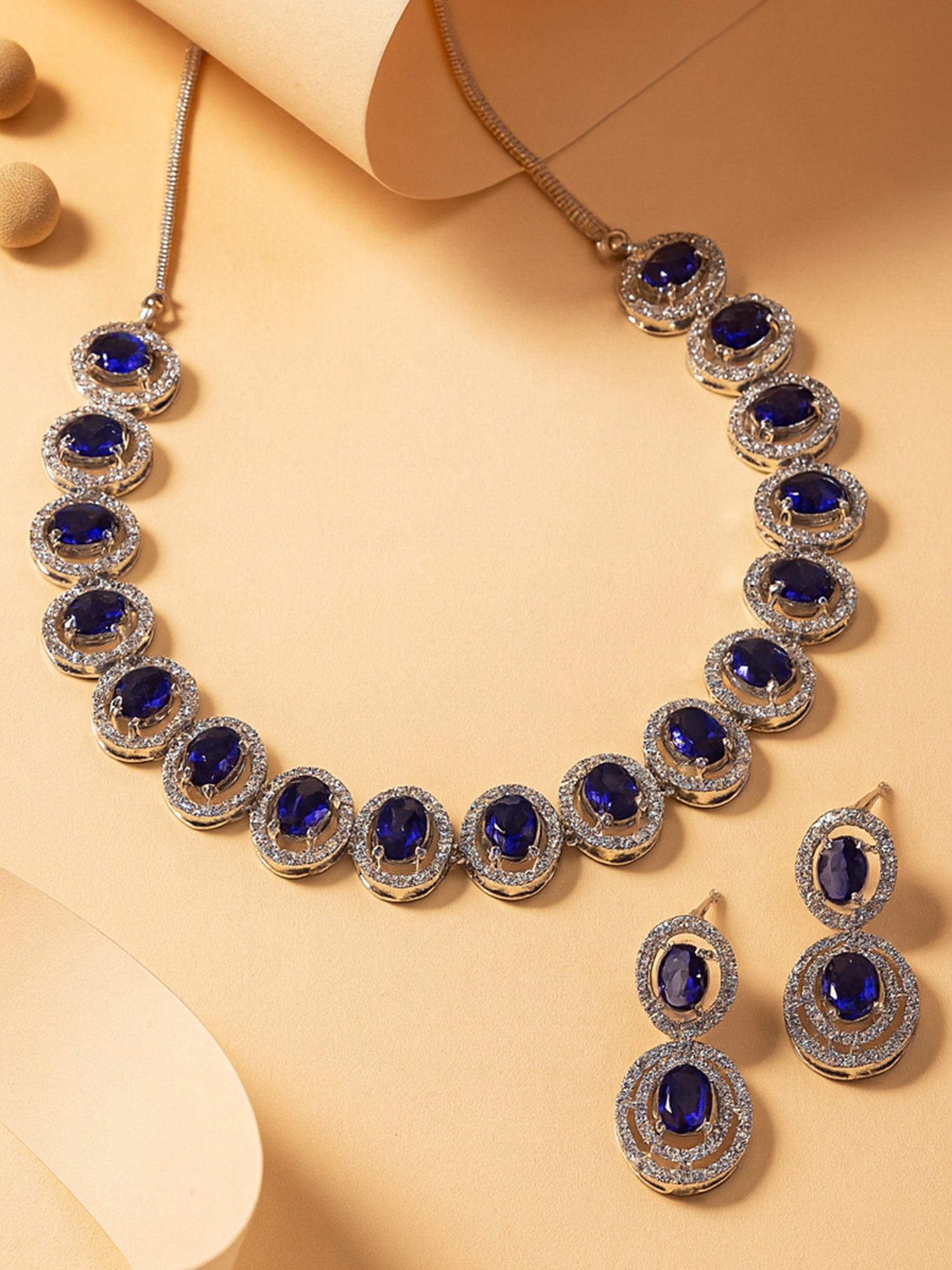Karatcart Blue Cubic Zirconia Studded Silver Tone Necklace Set