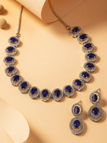 Karatcart Blue Cubic Zirconia Studded Silver Tone Necklace Set
