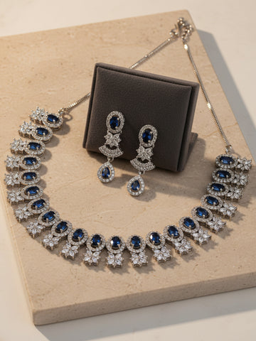 Karatcart Silver Plated Blue Cubic Zirconia Studded Necklace Set