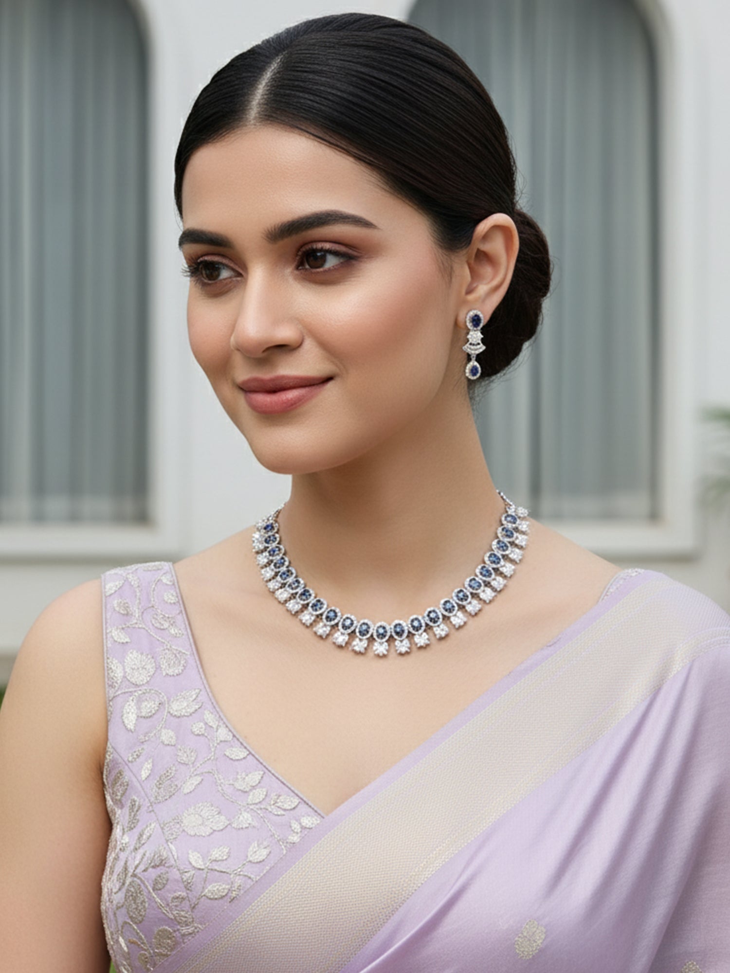 Karatcart Silver Plated Blue Cubic Zirconia Studded Necklace Set