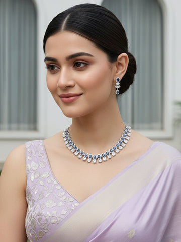 Karatcart Silver Plated Blue Cubic Zirconia Studded Necklace Set
