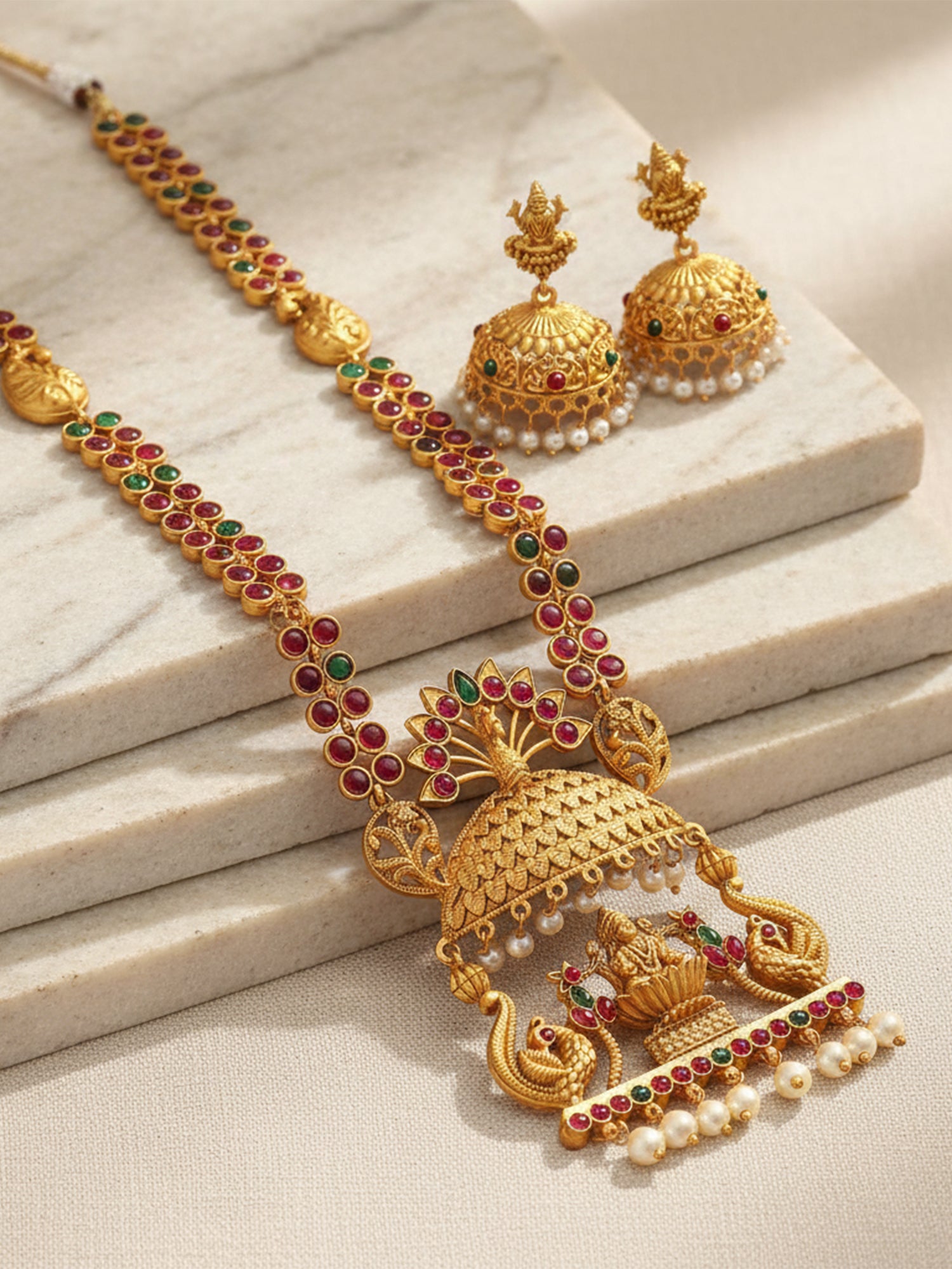 Karatcart Gold Plated Peacock and Laxmi Mata Long Temple Jewellery Set for Women