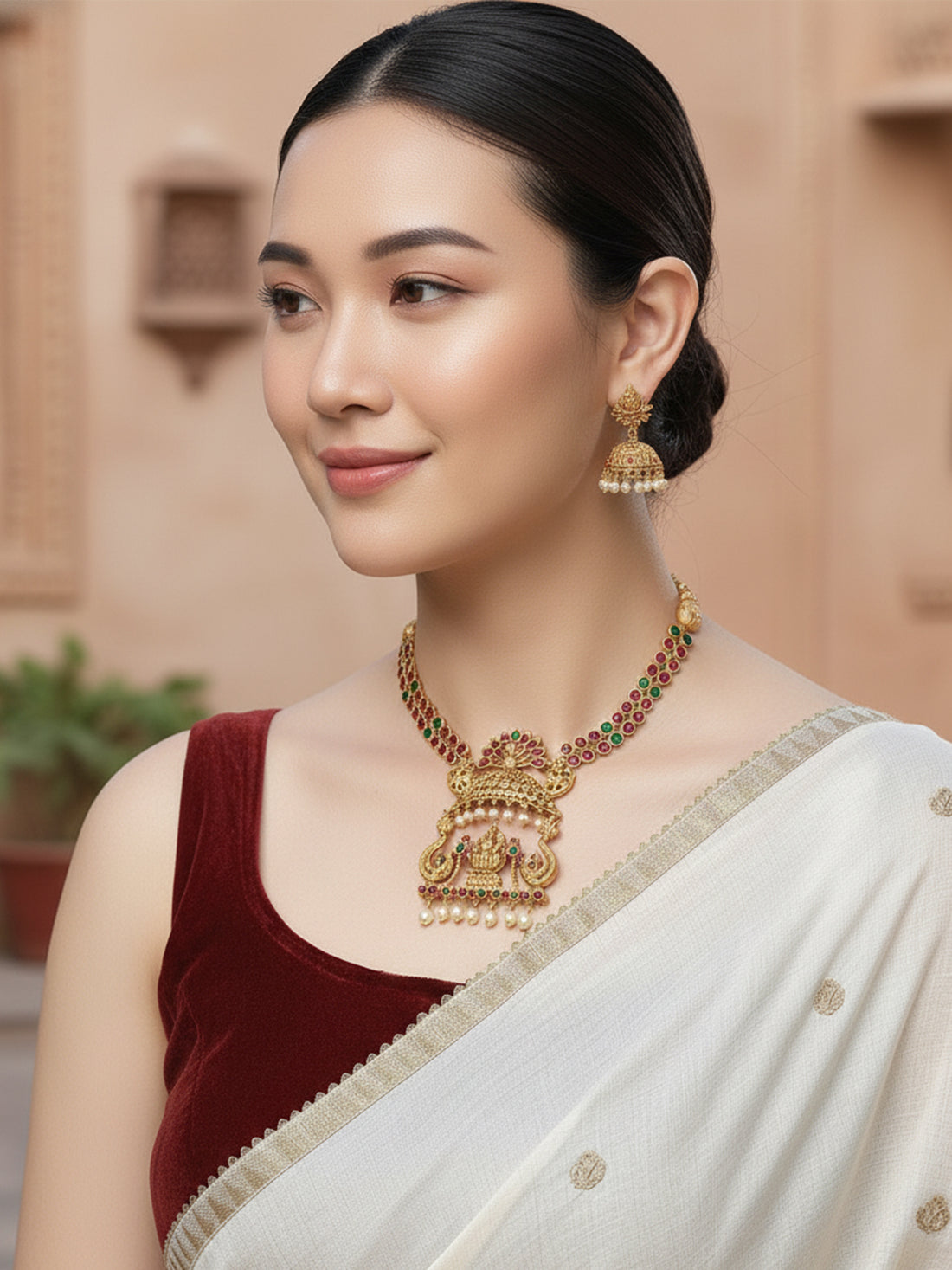 Karatcart Gold Plated Peacock and Laxmi Mata Long Temple Jewellery Set for Women