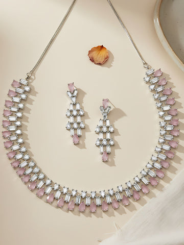 Karatcart Silver Tone Pink Cubic Zirconia Studded Necklace Set