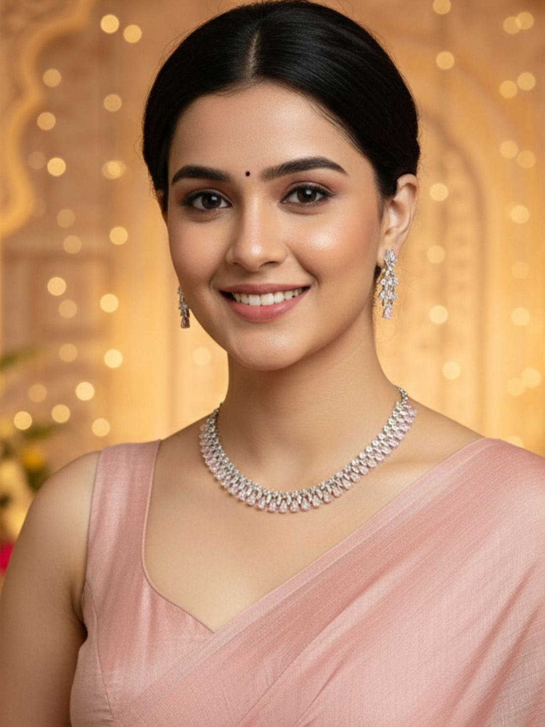 Karatcart Silver Tone Pink Cubic Zirconia Studded Necklace Set