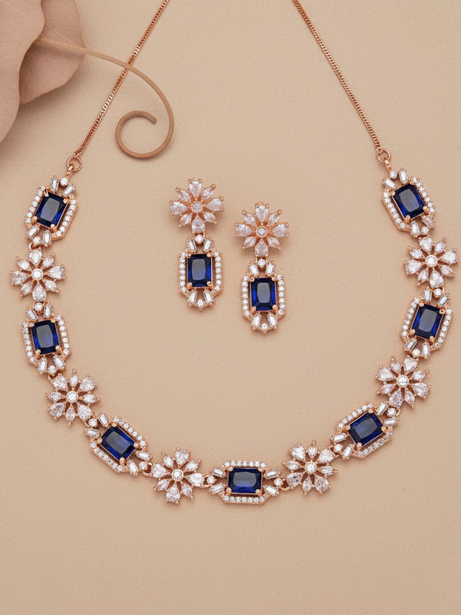 Karatcart Rose Gold Plated Blue Cubic Zirconia Studded Necklace Set