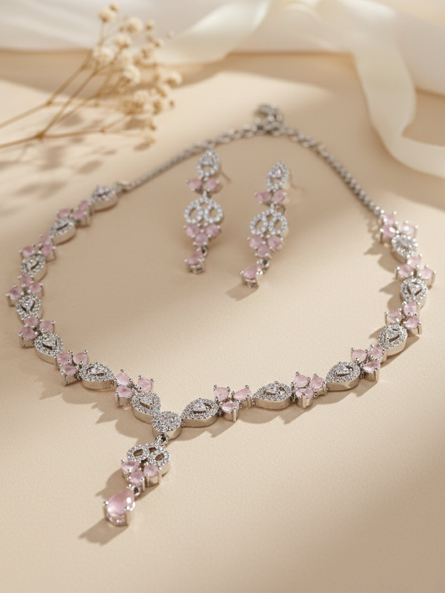 Karatcart Silver Plated Pink Cubic Zirconia Studded Necklace Set