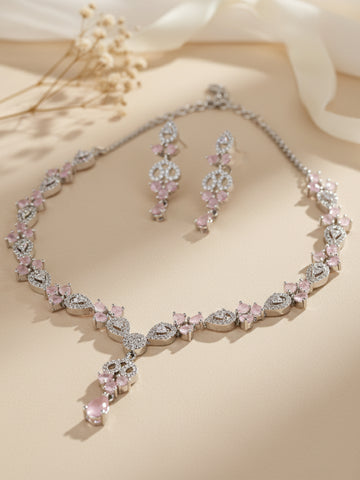 Karatcart Silver Plated Pink Cubic Zirconia Studded Necklace Set