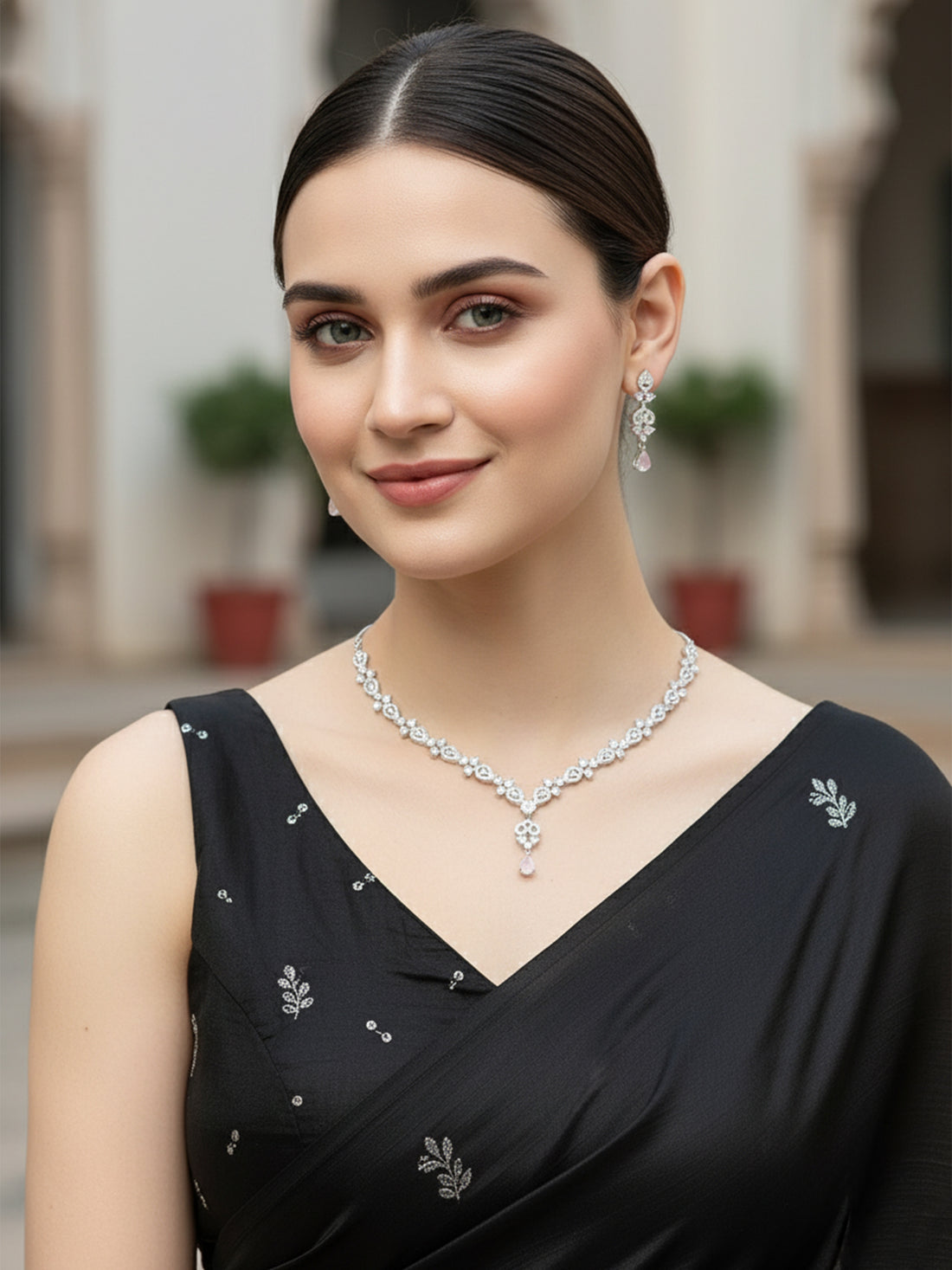 Karatcart Silver Plated Pink Cubic Zirconia Studded Necklace Set