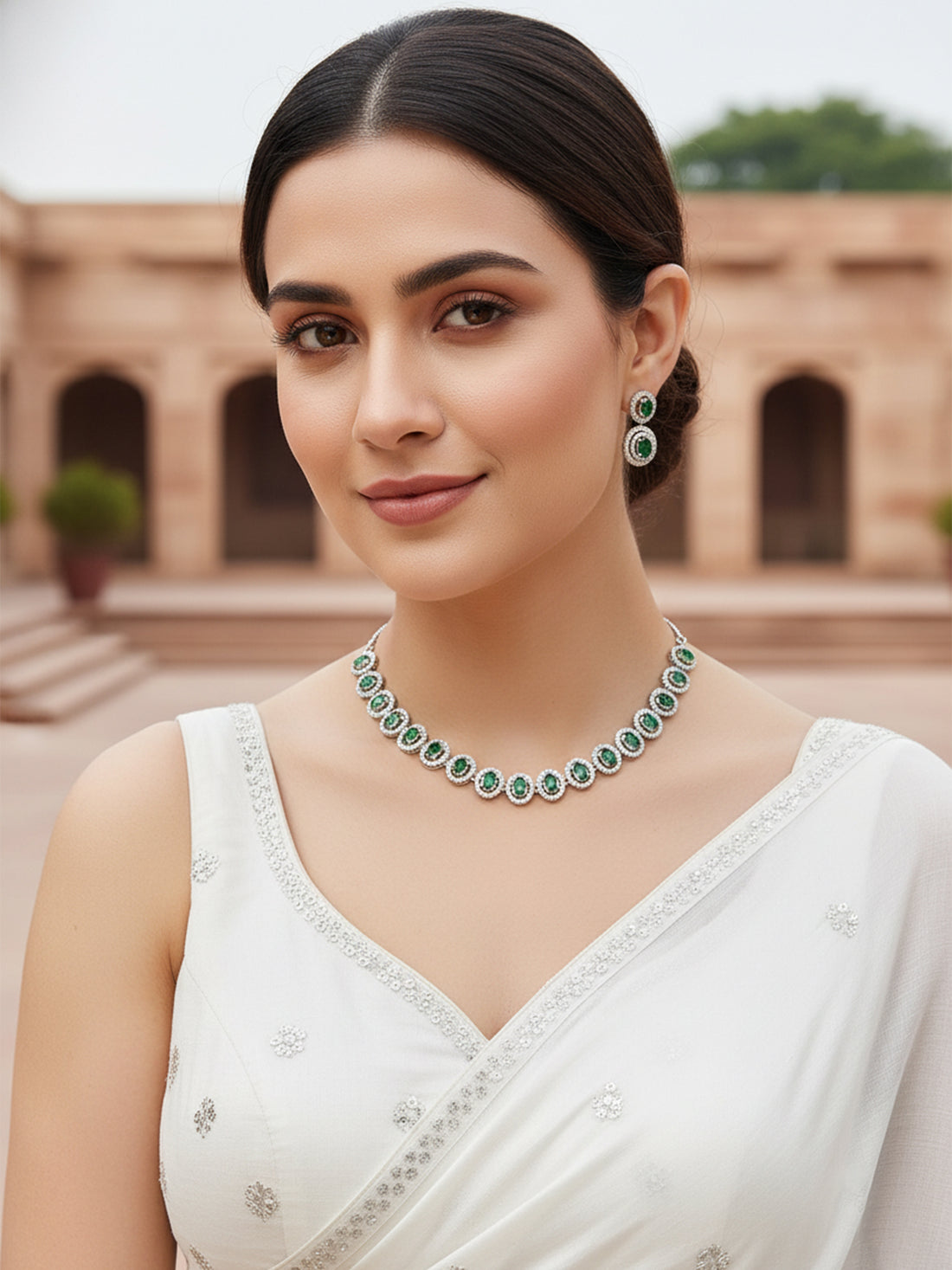 Karatcart Silver Tone Green Cubic Zirconia Studded Necklace Set for Women