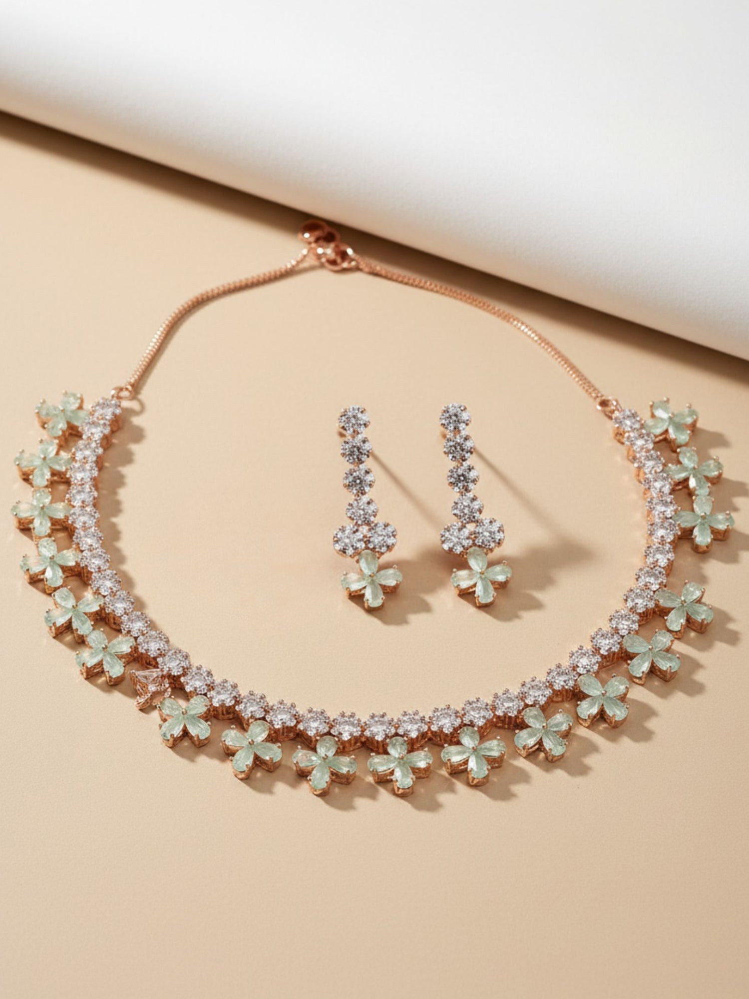 Karatcart Rose Gold Plated Light Green Cubic Zirconia Studded Floral Design Necklace Set for Women