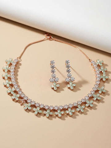 Karatcart Rose Gold Plated Light Green Cubic Zirconia Studded Floral Design Necklace Set for Women