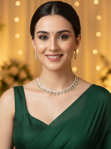 Karatcart Rose Gold Plated Light Green Cubic Zirconia Studded Floral Design Necklace Set for Women