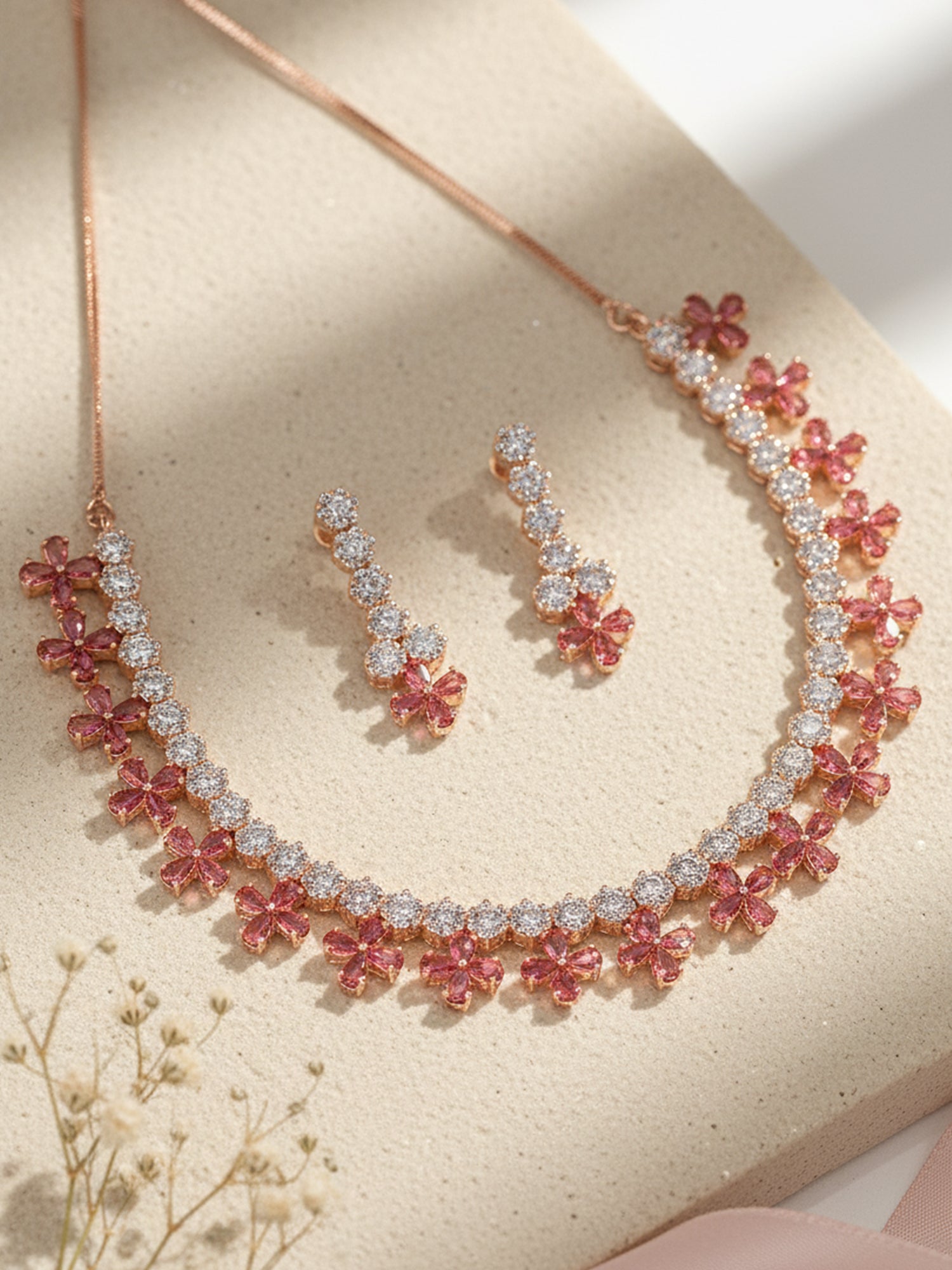 Karatcart Rose Gold Plated Red Cubic Zirconia Studded Floral Design Necklace Set for Women