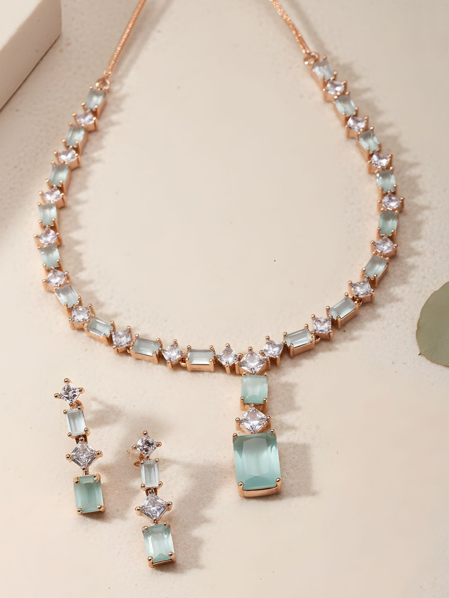 Karatcart Light Green Cubic Zirconia Studded Rose Gold Plated Necklace Set for Women