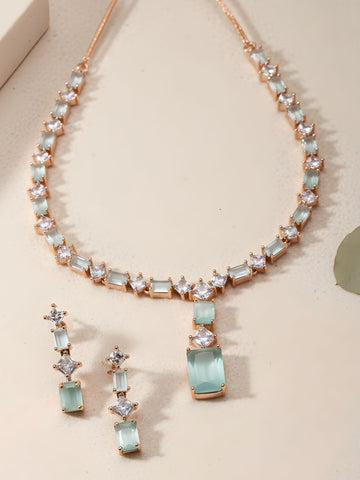 Karatcart Light Green Cubic Zirconia Studded Rose Gold Plated Necklace Set for Women