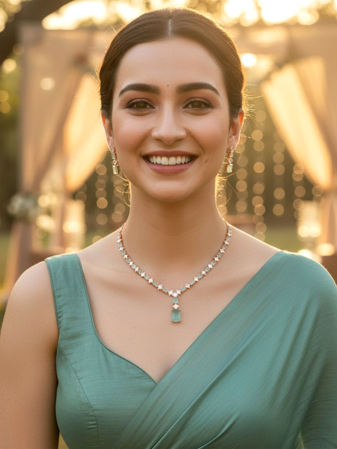 Karatcart Light Green Cubic Zirconia Studded Rose Gold Plated Necklace Set for Women