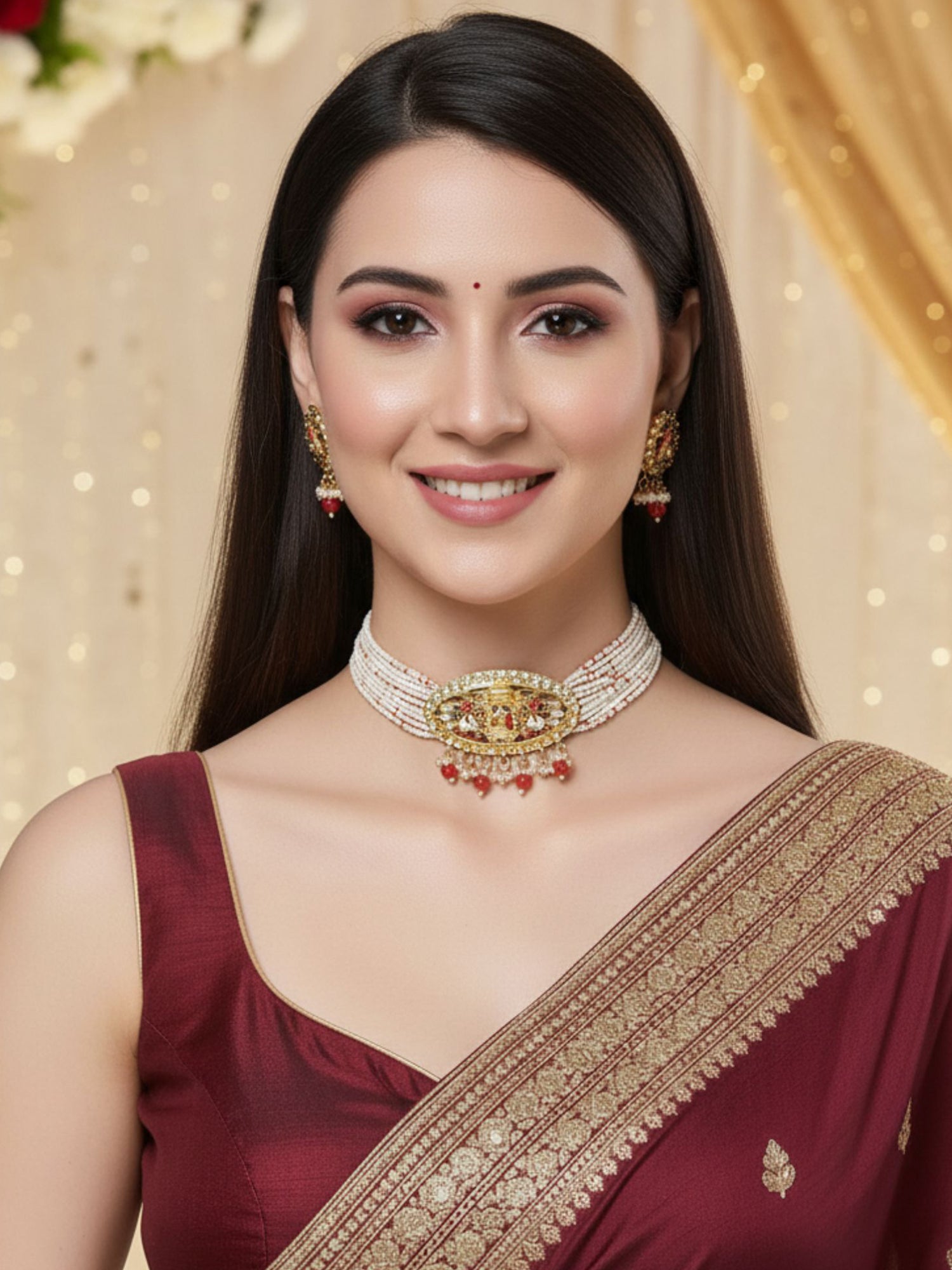 Karatcart Gold Plated Red Dulhan Doli Design Choker Necklace Set for Women