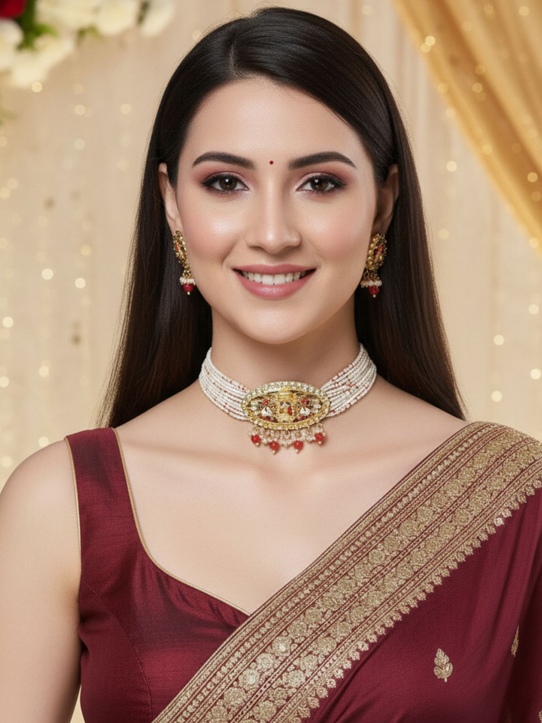 Karatcart Gold Plated Red Dulhan Doli Design Choker Necklace Set for Women