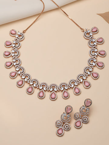 Karatcart Black and Rose Gold Plated Pink Cubic Zirconia Necklace Set for Women