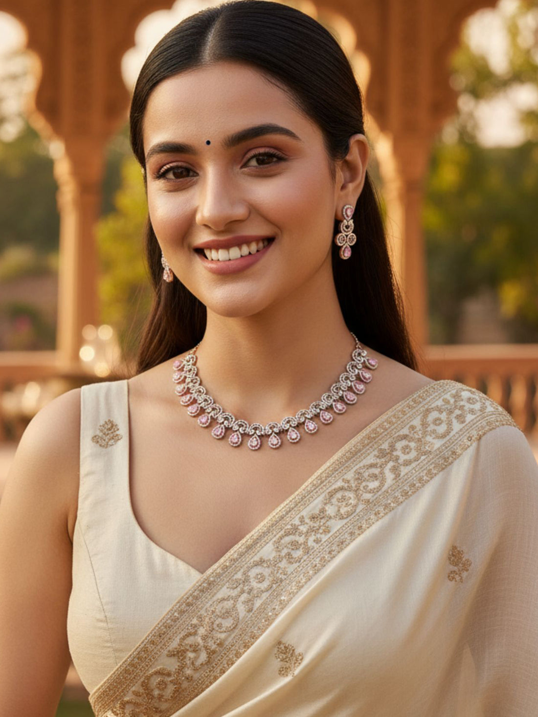 Karatcart Black and Rose Gold Plated Pink Cubic Zirconia Necklace Set for Women