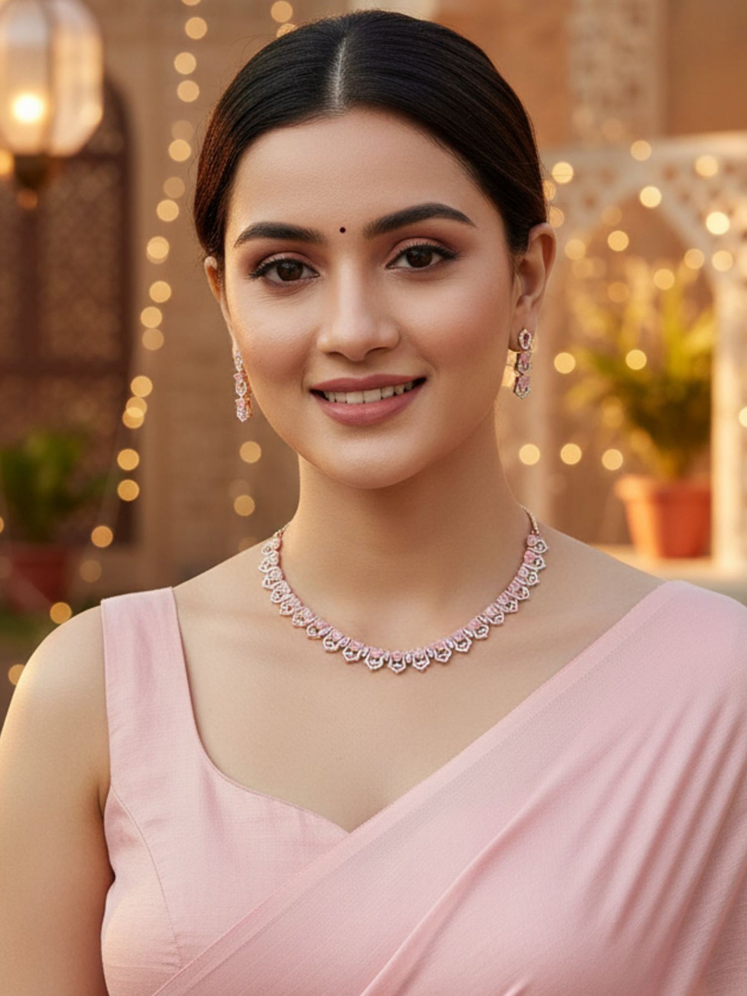 Karatcart Rose Gold Plated Pink Cubic Zirconia Necklace Set for Women