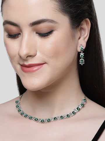 Karatcart Silver Plated Green Triangular Cubic Zirconia Studded Necklace Set for Women