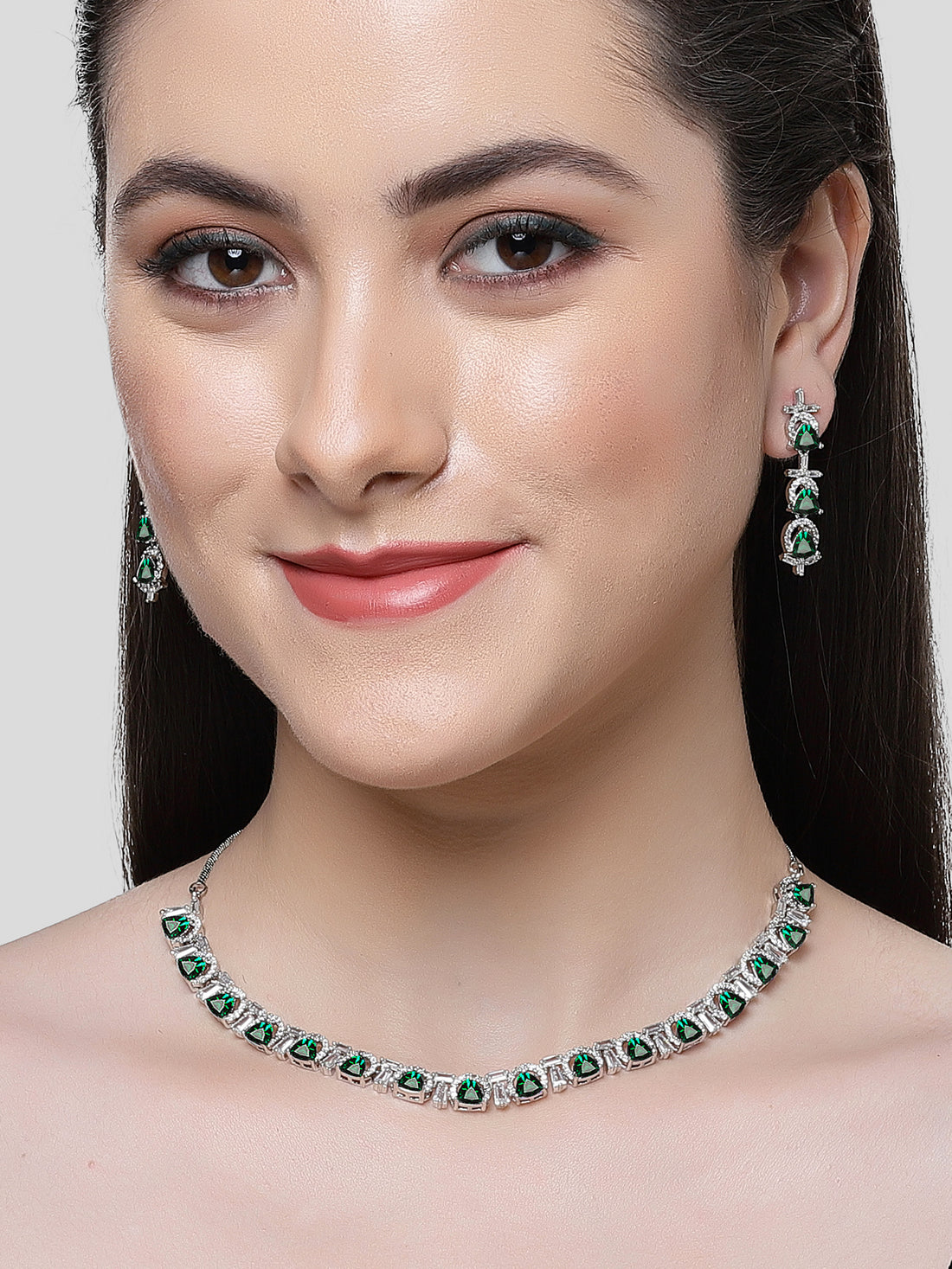 Karatcart Silver Plated Green Triangular Cubic Zirconia Studded Necklace Set for Women