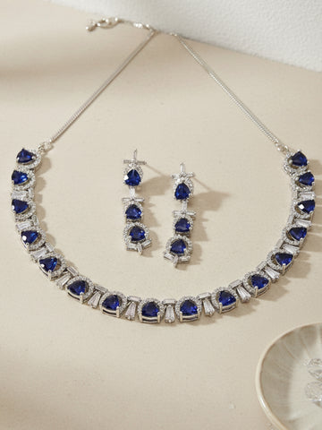 Karatcart Silver Plated Blue Triangular Cubic Zirconia Studded Necklace Set for Women