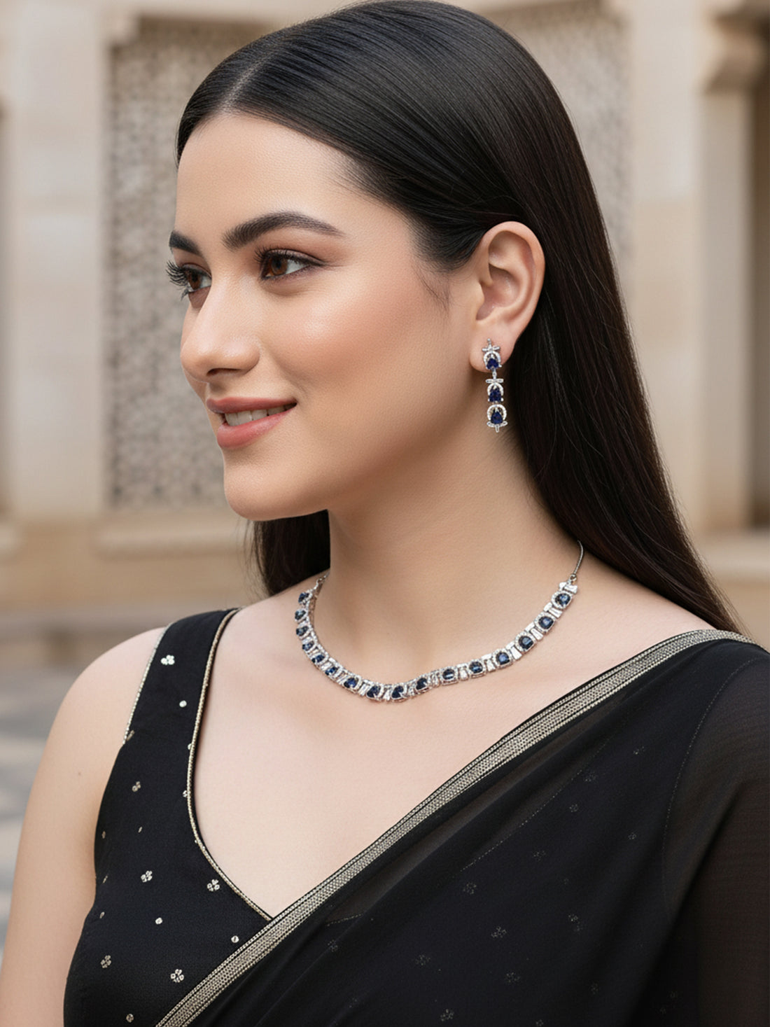 Karatcart Silver Plated Blue Triangular Cubic Zirconia Studded Necklace Set for Women