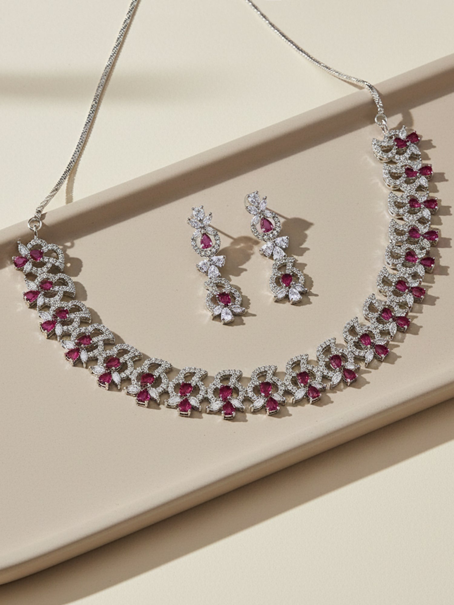 Karatcart Red Cubic Zirconia Studded Silver Plated Necklace Set for Women