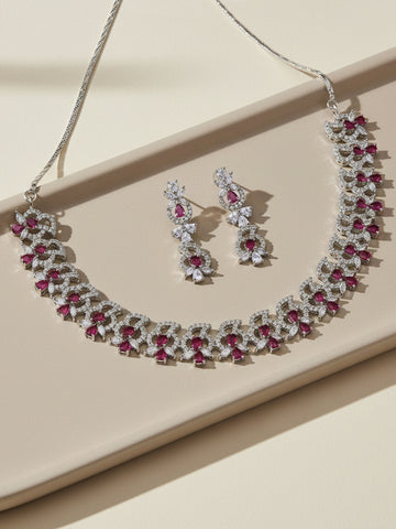 Karatcart Red Cubic Zirconia Studded Silver Plated Necklace Set for Women