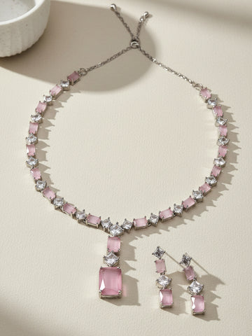 Karatcart Silver Tone Square Pink Cubic Zirconia Necklace Set for Women