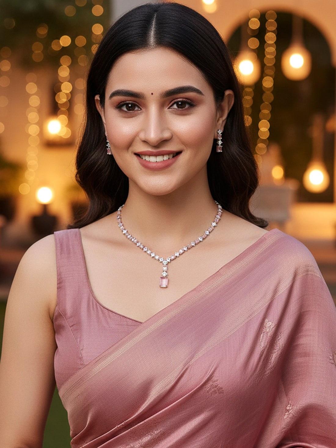 Karatcart Silver Tone Square Pink Cubic Zirconia Necklace Set for Women