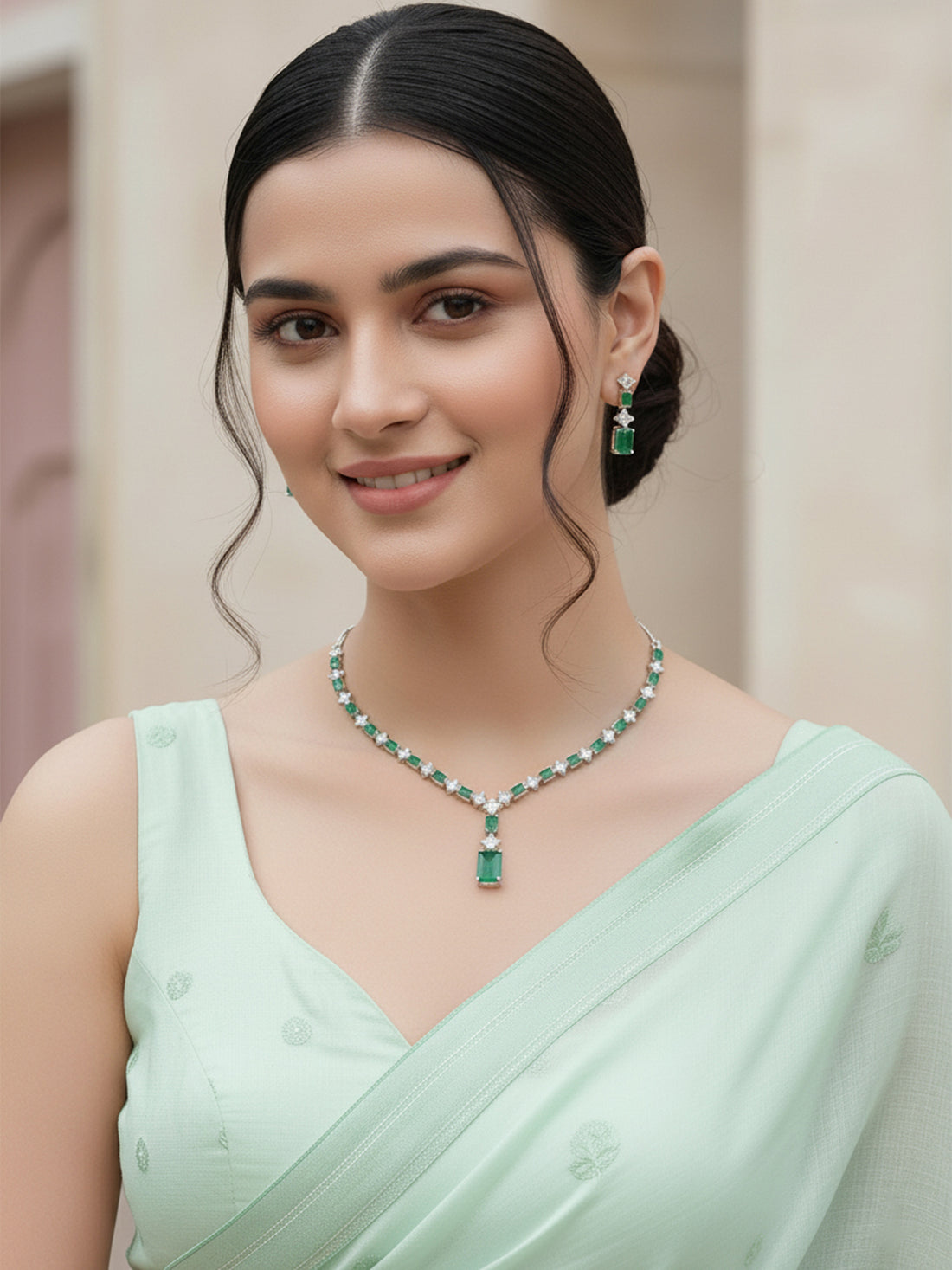 Karatcart Silver Tone Square Green Cubic Zirconia Necklace Set for Women