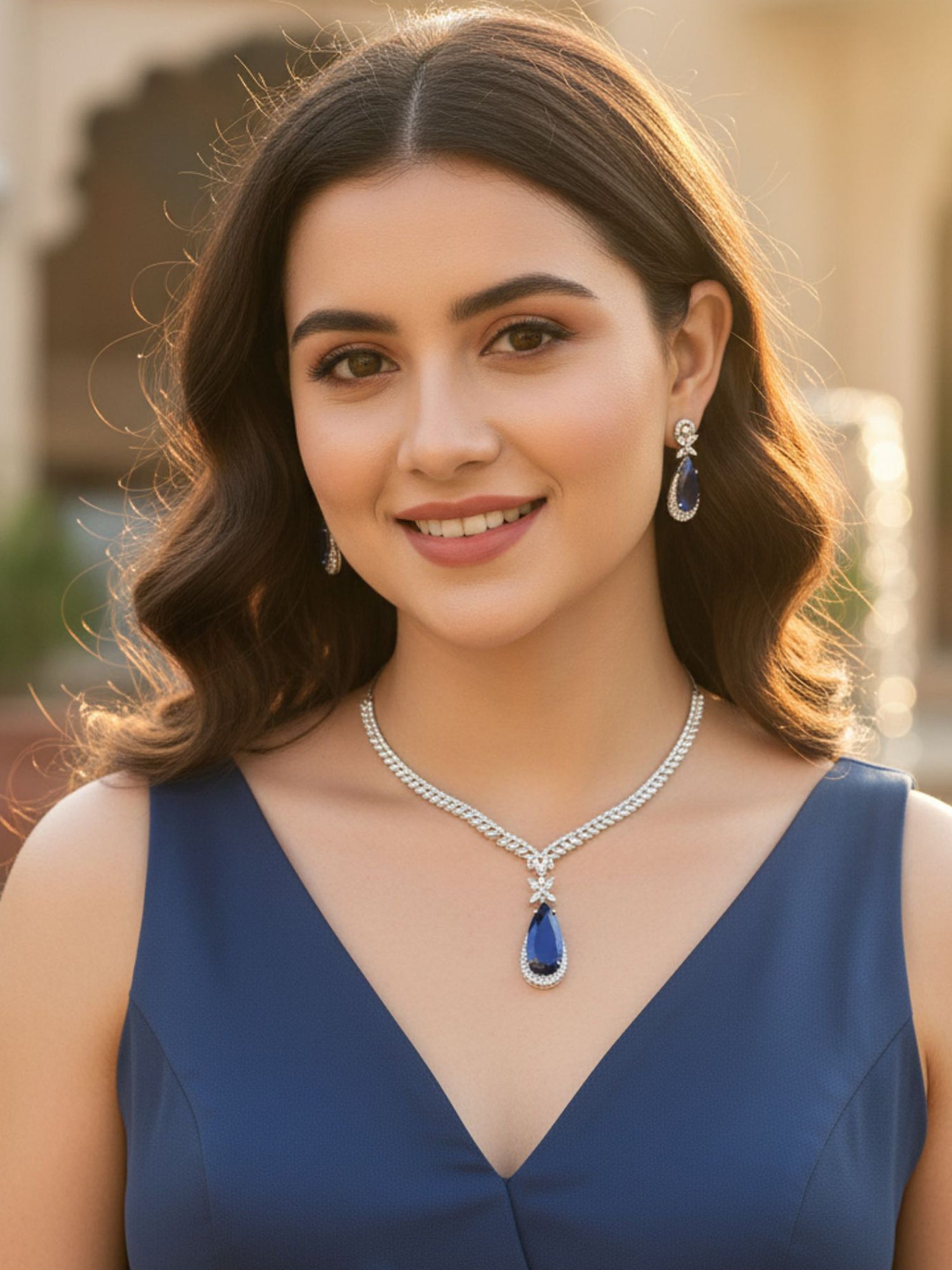 Karatcart Silver Tone Blue Drop Shape Cubic Zirconia Studded Jewellery Set for Women