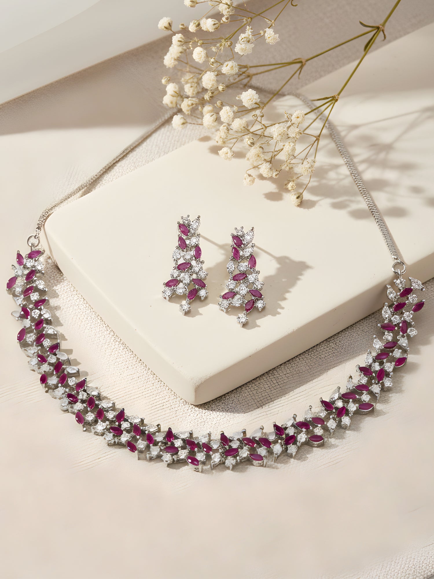Karatcart Silver Plated Purple and White Cubic Zirconia Studded Necklace Set