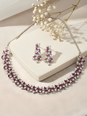 Karatcart Silver Plated Purple and White Cubic Zirconia Studded Necklace Set