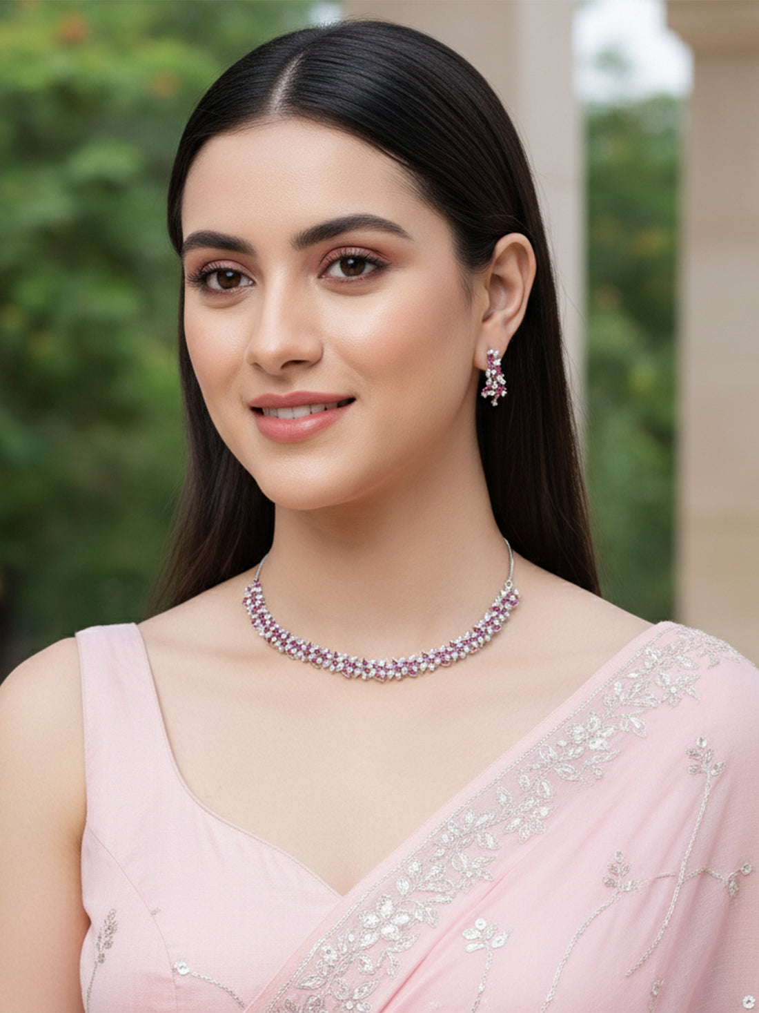 Karatcart Silver Plated Purple and White Cubic Zirconia Studded Necklace Set