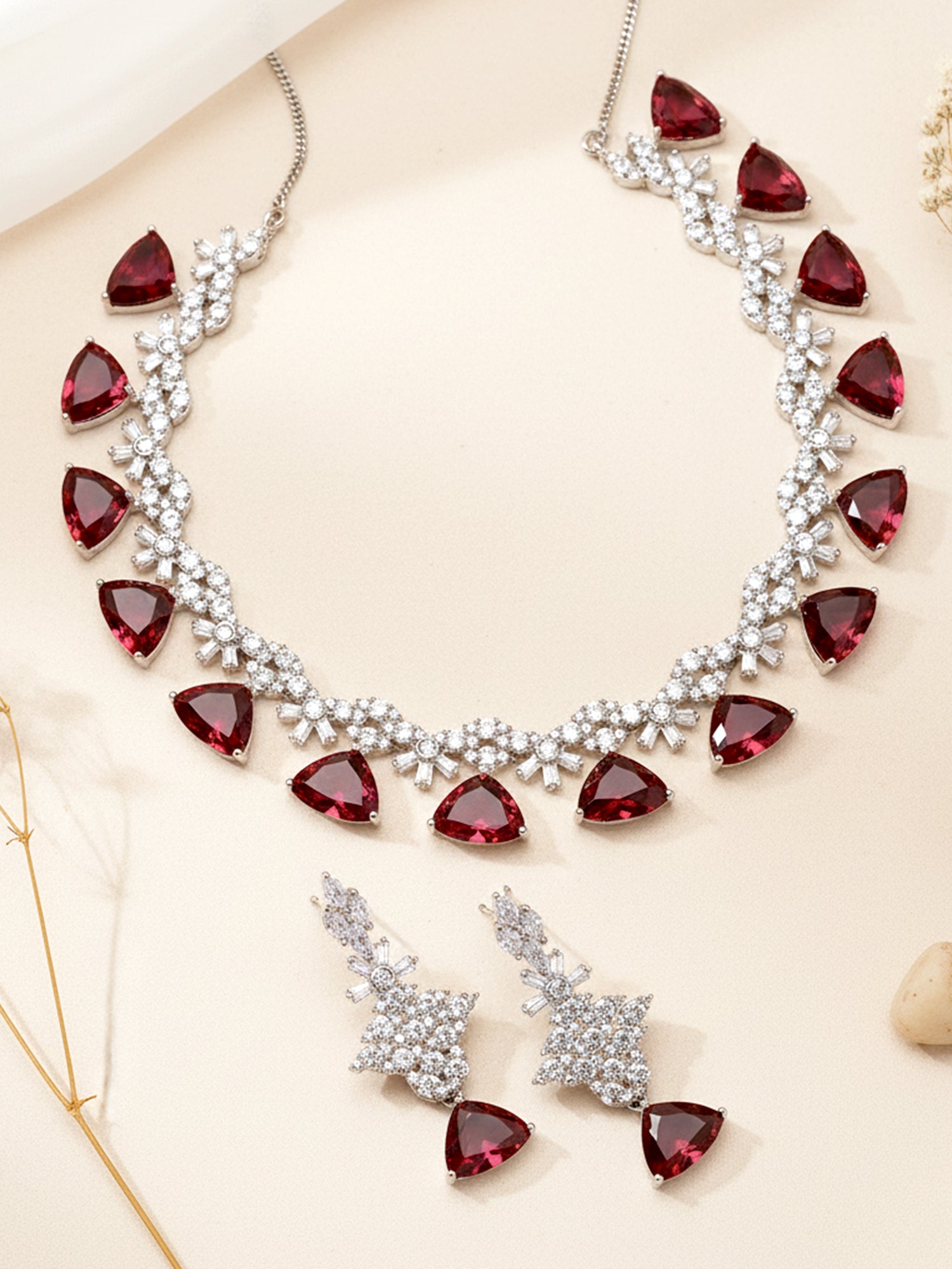 Karatcart Silver Tone Red Triangular Shape Cubic Zirconia Necklace Set for Women