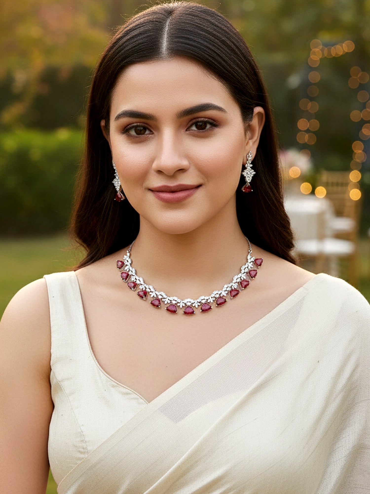 Karatcart Silver Tone Red Triangular Shape Cubic Zirconia Necklace Set for Women